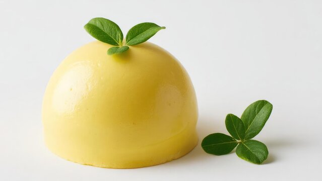 Glossy yellow dome dessert topped with a small green leaf, with extra leaves resting beside it. Concept Glossy yellow dome dessert, Green leaf garnish, Dessert photography, Close-up shot