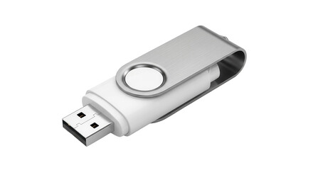White USB flash drive with metallic swivel cap on black