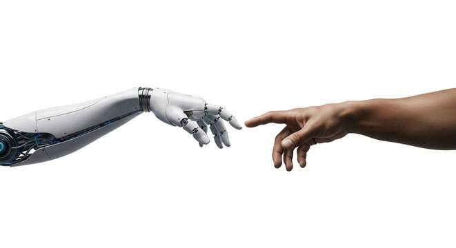 Robot hand reaching human hand touching on black