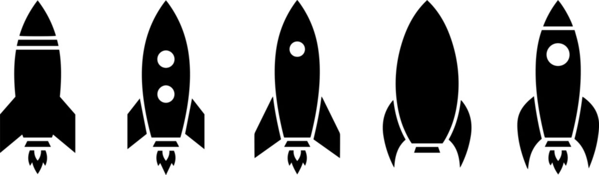 Set of modern rocket ship icons in black silhouette style