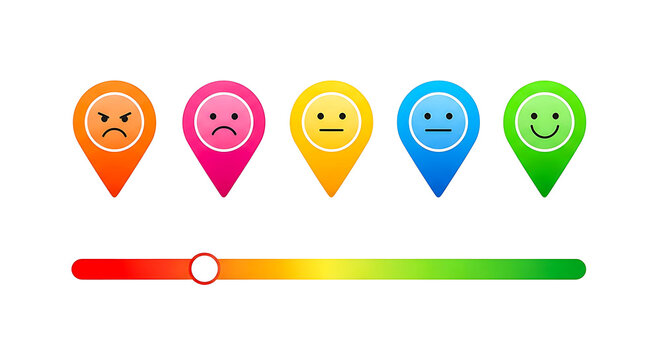 Colorful location pins on a progress bar scale from red to green isolated on transparent background