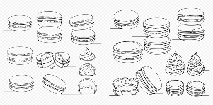 Continuous line drawing of various delicious French macarons and sweet pastries, vector illustration in doodle style.
