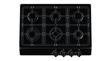 A minimalist depiction of a black gas stovetop with circular burners and knobs presented as a silhouette high quality professional detailed