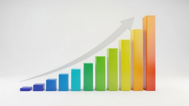 Vibrant 3D rendered glossy bar chart with a smooth surface displaying a gradual increase in colorful columns from deep blue to bright red-orange, accompanied by a prominent upward-pointing arrow, set