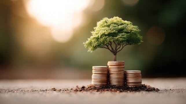 A tree growing on a stack of coins symbolizes financial growth and investment.