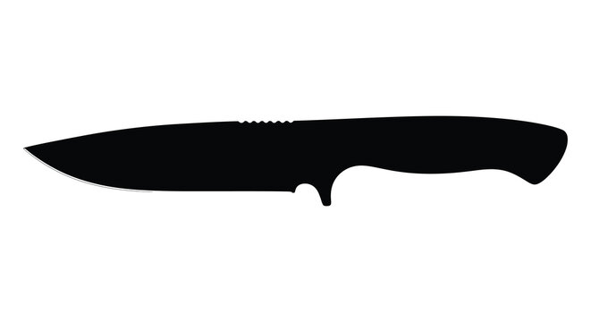 A stark black silhouette depicts a hunting knife with a curved blade and distinctive handle design silhouette high quality professional detailed