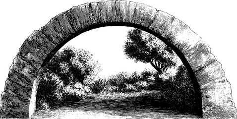 Fototapeta premium Semicircular architectural arch with botanical scene - vintage illustration for design use