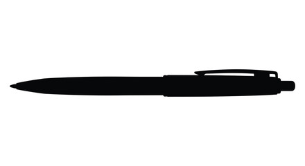 A stark black silhouette of a classic ballpoint pen is displayed against a clean white background silhouette high quality professional detailed