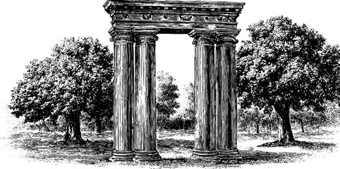 Vintage architectural doorway frame with botanical elements in engraved style