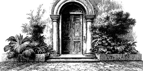 Naklejka premium Architectural doorway with botanical details in vintage engraving style - design for print or poster