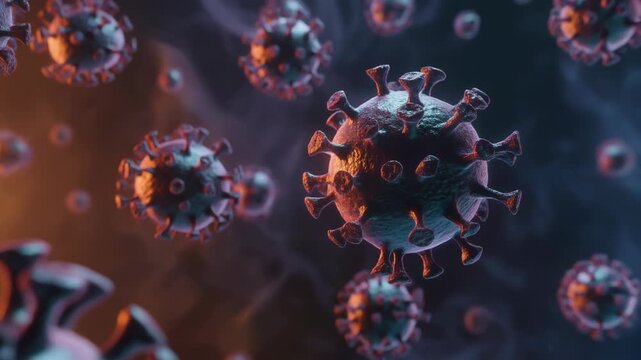 Microscopic view of virus particles floating in a dark, infected environment, as seen in virus-7.mp4