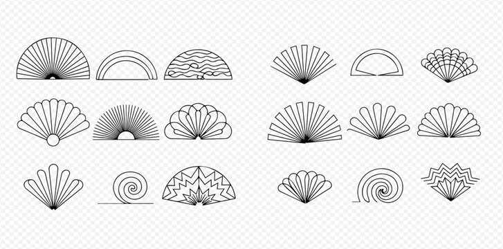 Set of Japanese fan and traditional abstract patterns in black outline, vector illustration.