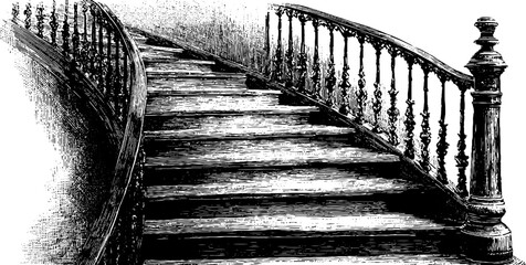 Naklejka premium Vintage architectural staircase with curved handrail illustration for design and decor