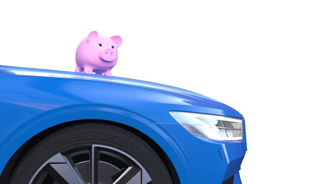 une tirelire cochon pos&eacute;e sur le capot d'une voiture neuve - rendu 3D sur fond blanc