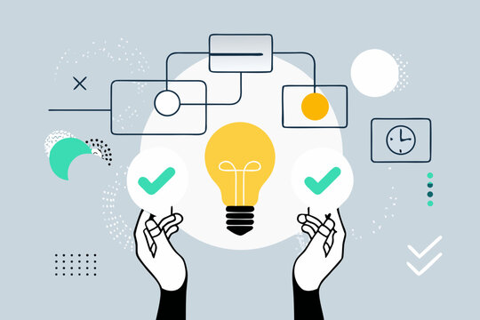 Hands presenting a bright idea with connecting flowcharts and abstract shapes