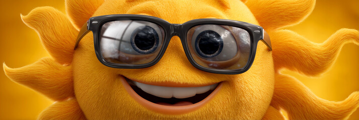 Close-Up of a Smiling Sun with Sunglasses Looking at Camera on Bright Yellow Orange Background. Perfect for Summer Campaigns, Children&rsquo;s Content, Advertising and Seasonal Promotions. Generative Ai.