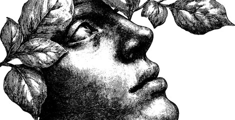 Obraz na płótnie Canvas Autumn allegory: human figure with foliage in vintage botanical style for art prints