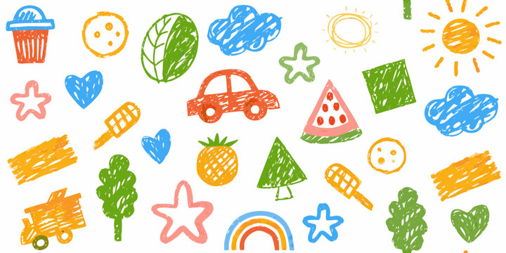 Colorful childlike drawings of various objects and natural elements