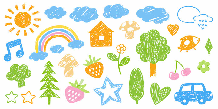 Colorful childlike drawing of sun clouds rainbow and various objects