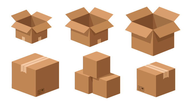 Isometric brown cardboard boxes set open and closed with tape and shipping symbols flat design style.