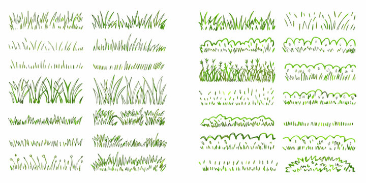 Collection of various green grass illustrations arranged in a grid pattern