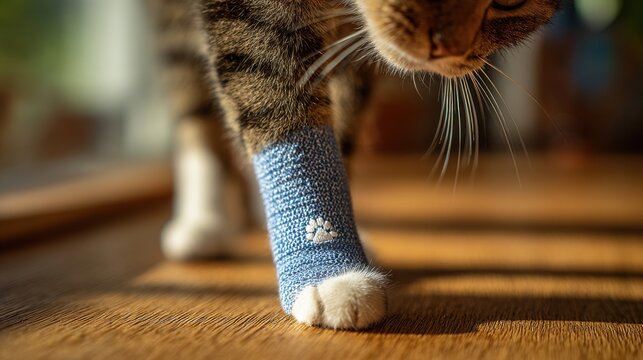 injured tabby cat with blue medical bandage on front leg walking on wooden floor, vet cat paw wrap treatment at home