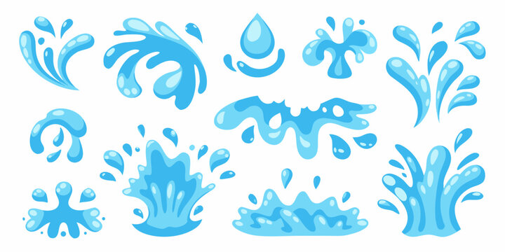Collection of cartoon water splashes and droplets in various shapes