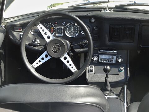 MG B roadster vintage car dashboard interior view