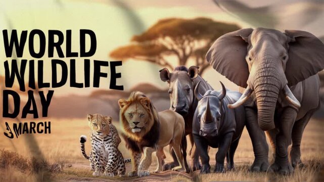 Animated video about World Wildlife Day, with a wavy flag style, suitable for campaigns. Motion graphics, seamless loop.