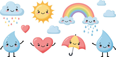 Obraz premium Colorful cartoon weather icons with smiling faces and umbrellas on a white background with rainbow and heart