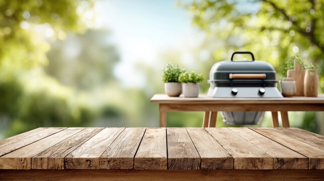 Outdoor barbecue setup with a wooden table and a blurred green background