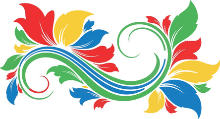 Obraz premium Vibrant colorful floral swirl with red, yellow, green, and blue petals and leaves, creating a lively and energetic abstract design.