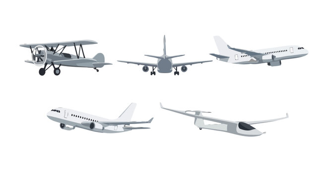 Diverse flat vector aircraft collection biplane passenger jets and glider in various flight poses.