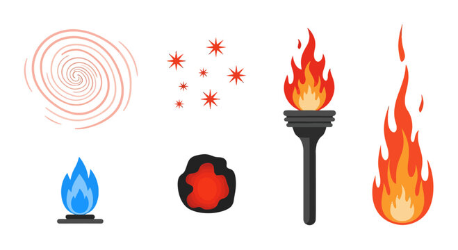 Diverse stylized fire and energy icons flames torch sparks and spiral elements.