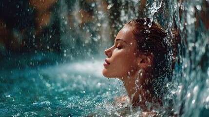 Fototapeta premium A woman relaxing under a waterfall in a peaceful spa pool. Concept: Wellness, relaxation, spa lifestyle, self care, tranquility, luxury отдых, mental balance, escape from stress.
