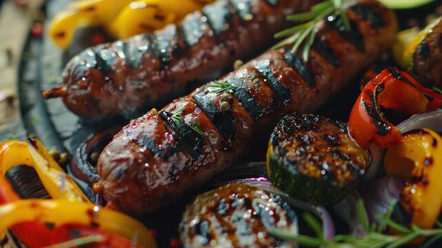 Mouthwatering platter of grilled sausages with red and yellow peppers, cherry tomatoes, and onions. Ideal for BBQ or picnic settings.