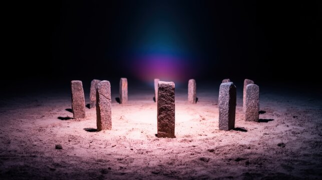 A circle of standing stones illuminated in a dark, mysterious setting, creating an intriguing and ancient atmosphere.