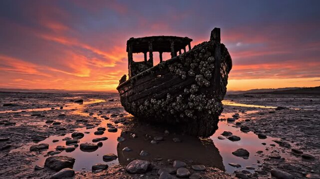Dramatic shot of an old wooden boat covered in barnacles on a muddy shore with a vibrant sunset and its reflection.