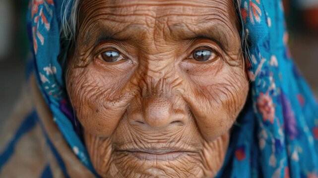 Portrait of an elderly woman wearing a colorful headscarf and showcasing aged skin texture.