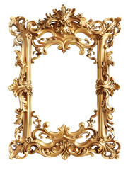 Ornate golden baroque picture frame with intricate scrolling floral details isolated on a black background, elegant antique decorative border