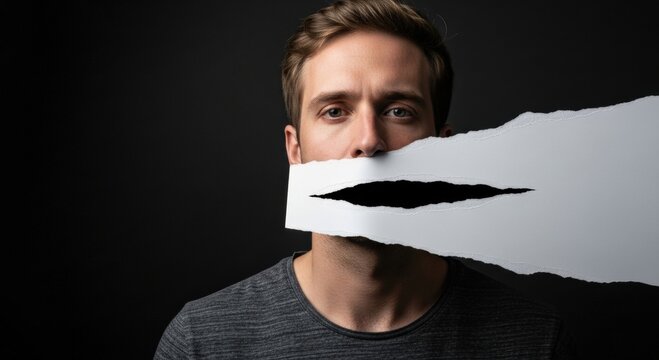 Serious man's face partially hidden by torn white paper portraying restricted expression and silent suffering on a dark background