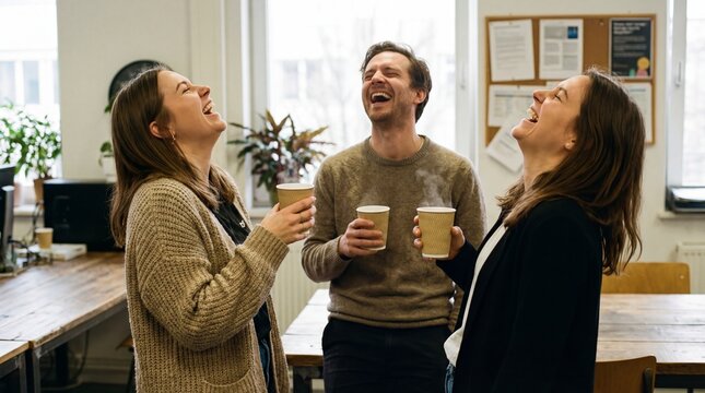 Colleagues laughing together during coffee break in office