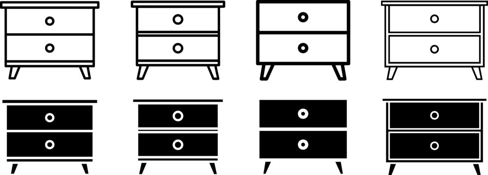 Modern bedside table icons set in black and white