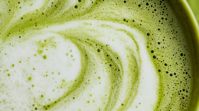 Foamy matcha latte served in a cup with swirling patterns and rich green color from a close-up top view