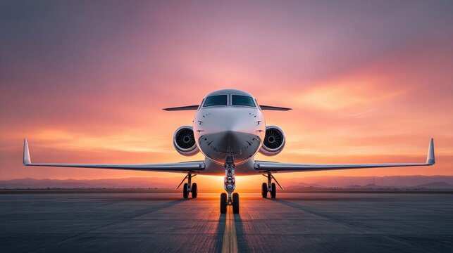 Luxury private jet parked on the runway at sunset, front view