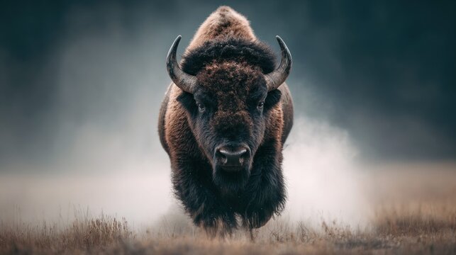 Majestic American bison charging forward in a cloud of dust