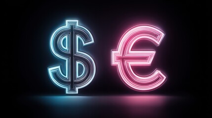 Neon dollar and euro symbols on a black background