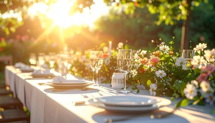 Obraz premium A beautifully set outdoor dining table adorned with flowers, sparkling sunlight illuminating the scene