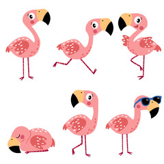 Cute flamingo in different poses and wearing sunglasses. A set of flat vector illustrations in a simple children's style. . Vector illustration