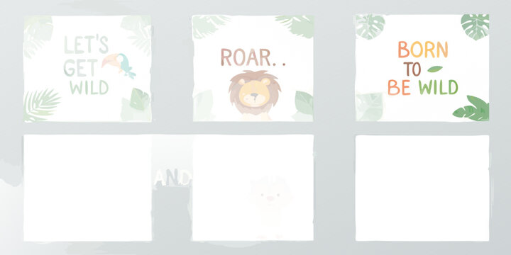 Jungle themed baby shower decorations with animal and foliage motifs